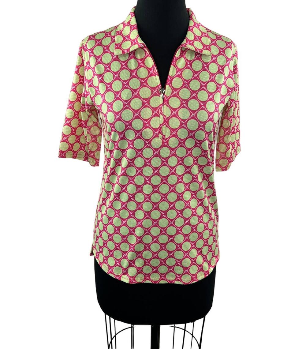 NWT SANSOLEIL Seeing Spots Pink Lime SolCool Short Sleeve Polo Golf Top Size S